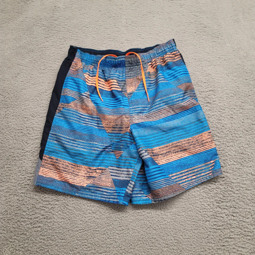 Nike Shorts Mens Large Blue Swim Trunks Lined Striped Geometric Swoosh Logo